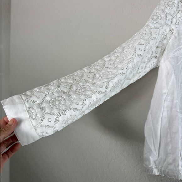 J. Jill White Linen Button Front Lace Sleeves Drawstring Waist Blouse Size M - Picture 5 of 11